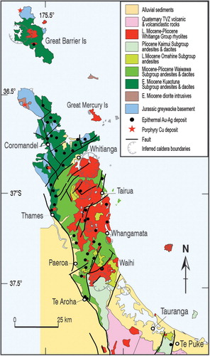 Figure 2. Geology and location of epithermal Au–Ag deposits and prospects in the Coromandel Volcanic Zone – Hauraki Goldfield. See Figure 4 and Table 3 for a list of the main occurrences.