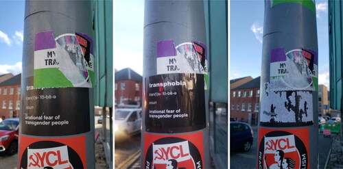 Figure 2. Reading palimpsests of conflict on a lamppost in Abbeyhill, Edinburgh. The photos were taken, from left to right, on the 3rd, 4th, and 6th of October 2021. Each time, another layer had been added or removed (Photos by Hannah Awcock).