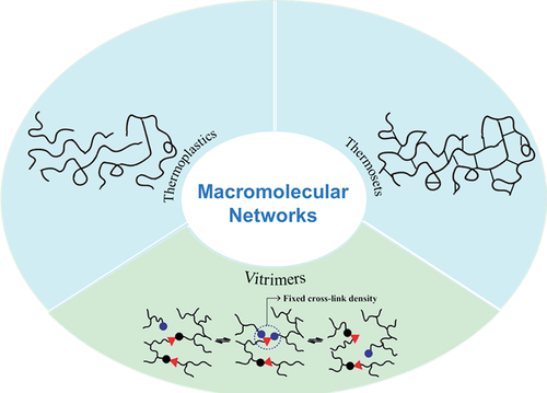 Figure 1. The macromolecular networks of thermoplastics, thermosets and vitrimers [Citation16].