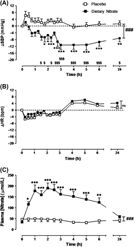 Figure 2. Effects of beetroot juice (250 mL) in grade 1 untreated hypertensive patients (n = 15, mean off-treatment BP 139.9/86.5 mmHg). Means ± SEM of ΔSBP, ΔHR, and Δnitrate are given (Citation84).