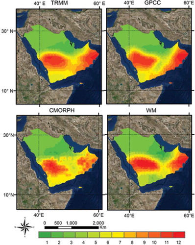 Figure 9. Response time (months) maps between precipitation products and GRACE water storage anomalies.