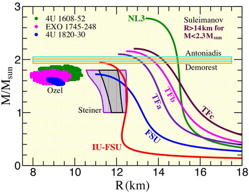 Figure 1. Mass-versus-Radius relation predicted by several nuclear models that are consistent with the value of the neutron skin measured by PREX. The figure is taken from Ref. [Citation7].