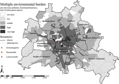 Figure 2. Multiple environmental burden (air and noise pollution, bioclimate/heat stress, lack of UGS) in 432 planning areas of Berlin. data source: EAB