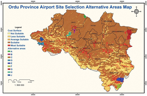 Figure 7. Surface areas of the most suitable alternative airport locations for Ordu province.