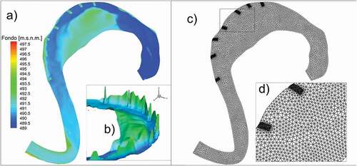 Figura 6. (a) Modelo digital del terreno de toda la región de estudio con espigones implantados; (b) detalle de la zona de espigones; (c) malla de todo el dominio para los casos 0 y 1 y (d) detalle de la malla en la zona de espigones