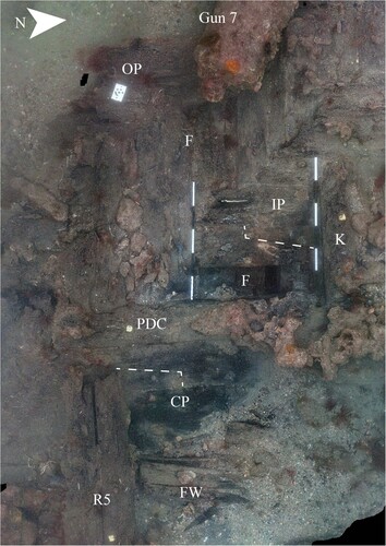 Figure 9. Orthophoto mosaic of 2018 excavation trench. OP – outer planks, F – frames, IP – inner planks, PDC – platform deck clamp, CP – ceiling planks, R5 – rider 5, FW – firewood, dashed line – scarphs. Scales are 1 m with 20 cm increments (survey and model produced by Daniel Pascoe).