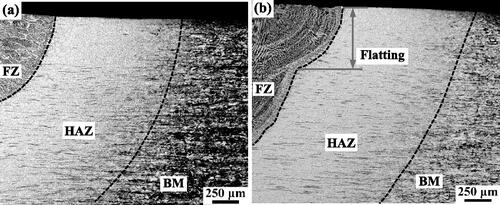 Figure 6. Low magnified LOM images of two different bead-on-plate welds of cold-rolled AISI 304L with 25% thickness reduction: (a) a TIG weld and (b) a TMW weld obtained with 20 mm offset at a constant TIG welding current of 150 A, and welding speed of 12 cm/min.