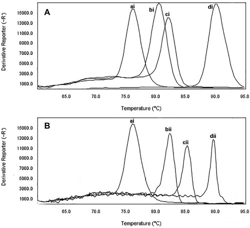 Figure 4 The specificity of real-time PCR for primers used to detect of CRPA and β-lactamase producing P. aeruginosa. Melting curve analysis showing the melting temperature peaks (Tm) of blaIMP (bi), blaKPC(ci), mprA(di), blaTEM(bii), blaSHV(cvi), and mcr-1(dii). ai: Staphylococcus aureus ATCC25923.