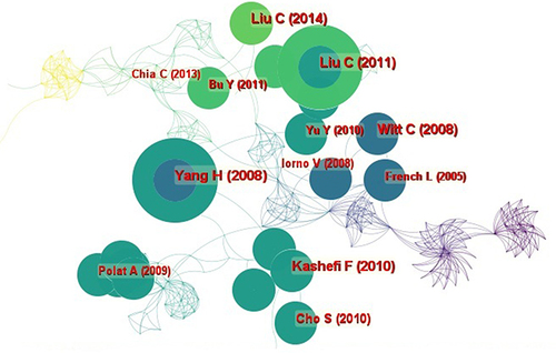 Figure 7 Map of cited references related to acupuncture for PD from 2001 to 2021.