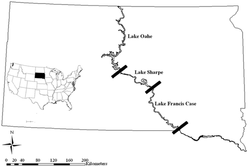 Figure 1 Lakes Sharpe, Oahe, and Francis Case in Central South Dakota.