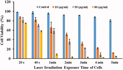 Figure 6. Mean cell viability (%) of the CT26 cells treated with different concentrations of MWCNTS-COOH particles against laser radiation. The subgroups were compared to the 0 μg/mL (control) in each group by Tukey test.
