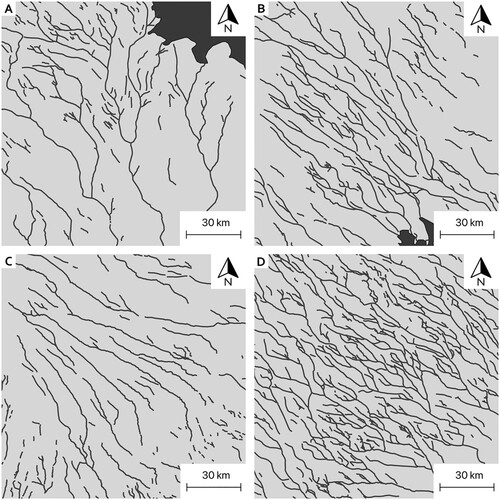Figure 6. Subglacial meltwater drainage network pattern. Note equal scale for all panels. A. Large-scale dendritic pattern NW of Stockholm. B: Parallel pattern in northern Sweden. C: Diverging pattern in SE Finland. D: Complex anastomosing pattern in central Sweden. Note apparent bandings from NE towards SW in both C and D. All panels: palaeo-ice flow towards SE.