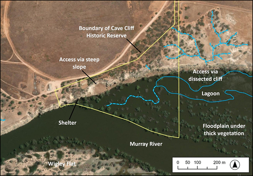 Figure 4. An annotated aerial image of the area surrounding Cave Cliffs Rockshelter.