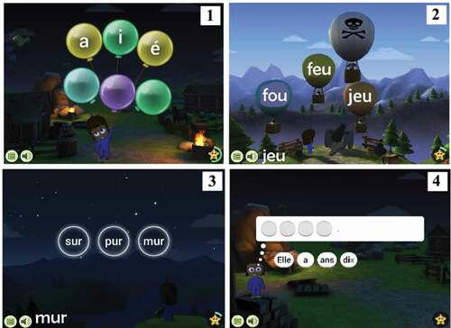 Figure 1. An illustration of four of the levels used in the French version of GraphoGame: phoneme level (1.), Syllable level (2.), Word level (3.), Sentence level (4.).