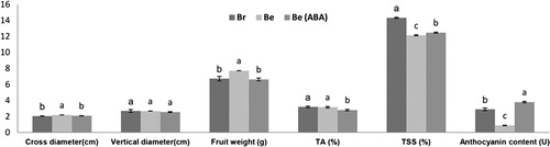 Figure 2. Physiological parameters of Br, Be and Be (ABA) three weeks post-ABA treatment (11 weeks post flowering). TA, titratable acid; TSS, total soluble solids. All the data were analyzed by SPSS, p < .05. Note: Due to the value of anthocyanin content was quite low, the data of anthocyanin content here were magnified 10 times.