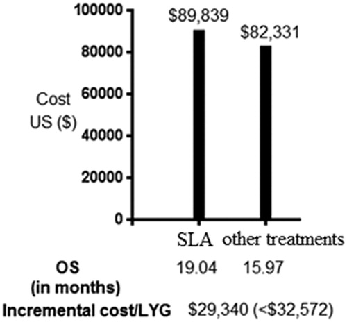 Figure 3. Comparison of base case between SLA and other treatments on outcomes of overall survival (in months) and cost (in US$). In parenthesis is mentioned the willingness to pay amount (in US$) [Citation18]. Other treatments include craniotomy (with or without carmustine wafer) and biopsy. LYG: life years gained; SLA: stereotactic laser ablation; OS: overall survival.