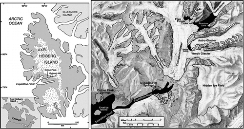 FIGURE 1. (a) Location map of Expedition Fiord, Axel Heiberg Island, Nunavut. Hatched areas indicate glacial ice cover. (b) Location map of the Expedition Fiord region. The Gypsum Hill and Colour Peak springs are labeled. The red hatched markings represent surficial salt deposits; note that such deposits are associated with the springs and suggest a connection of spring activity with the subsurface evaporite diapir structures that pierce the surface at the Gypsum Hill and Colour Peak sites. Phantom and Astro Lakes are perennially ice-covered lakes that formed following the retreat of the Transit and Astro Glaciers, respectively, and may be sources of the spring water