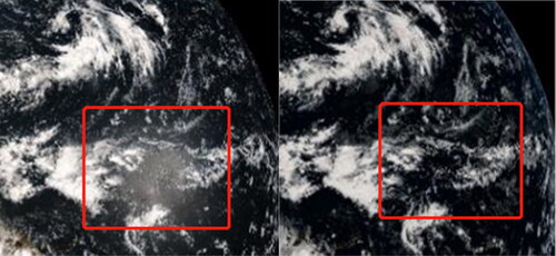 Figure 11. FY-4B/AGRI true colour image and the corresponding simulated image for flare at 22:00 UTC on 20220905.