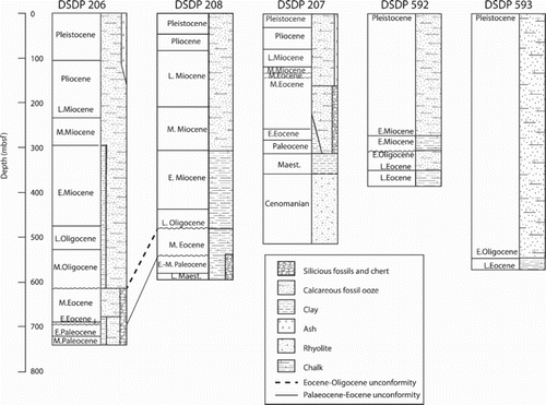 Figure 2. Stratigraphic columns showing main lithology at the DSDP boreholes and the regional unconformities. Adapted from Burns et al. (Citation1973a, Citation1973b, Citation1973c) and Kennett et al. (Citation1986b). Physical property data and co-incident seismic records are shown in Figures 3–5 for DSDP sites 208, 206, 207 and 592.