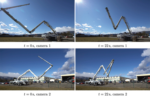 Figure 21. Camera measurement snapshots showing the start configuration at t=0 and the covering of the end effector for camera 1 after t=22.