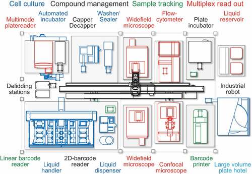 Figure 2. Graphical description of the cell biology screening platform in its present configuration. The cell biology screening platform entails an array of automates that allow for semi-automated cell culture, compound management, barcoded sample tracking and multiplex readout. Automated workflows for image-based high content chemical compound screening coupled to sophisticated image analysis and data mining routines allow for the identification of immunogenic cell death surrogate markers by means of fluorescent biosensors.
