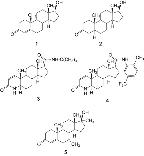 Figure 1.  Reference compounds and their structures: 1, testosterone; 2, dihydrotestosterone; 3, finasteride; 4; dutasteride; 5, mibolerone.