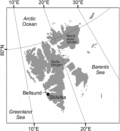 Figure 1. Location map of Skilvika, Svalbard. For more detailed location see Supplementary Fig. S1 and Landvik et al. (Citation1992).