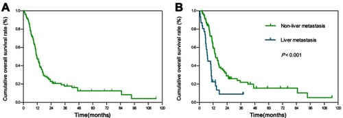Figure 1 Overall survival among patients with organ metastatic cervical cancer at diagnosis.Notes: Kaplan-Meier curves of overall survival for (A) patients in the whole group, (B) liver metastasis vs non-liver metastasis.