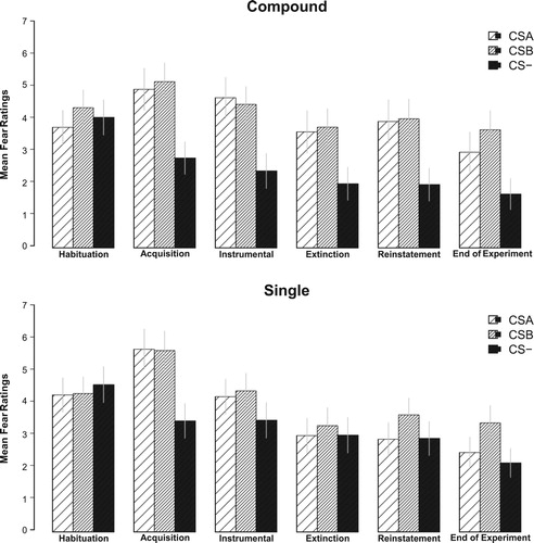 Figure 3. Fear ratings for each CS and for each group across all phases. Error bars denote standard errors.