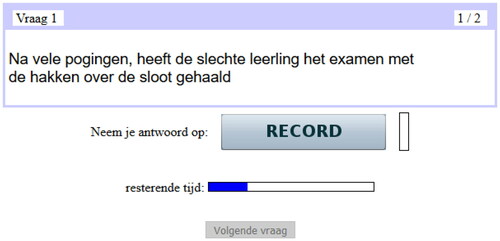 Figure A6. Screenshot of the reading aloud manipulation. Participants were instructed to read aloud the prompt as indicated by the record button. English translation from top to bottom: Question 1, Sentence + idiomatic expression, Record your answer, Remaining time, Next question.