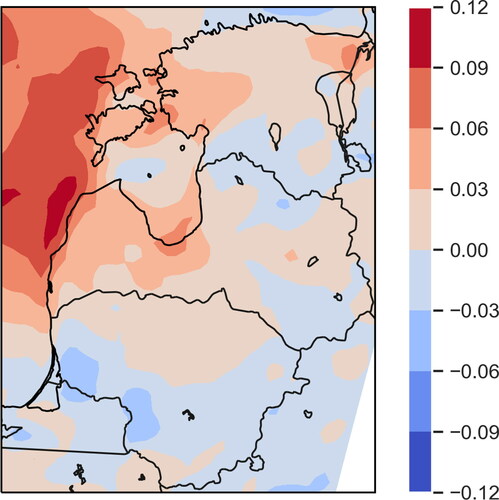Fig. 13. Principal component analysis of model data. Values of PC3 in June. The highest values occur over the Baltic sea near the west coast of Latvia.