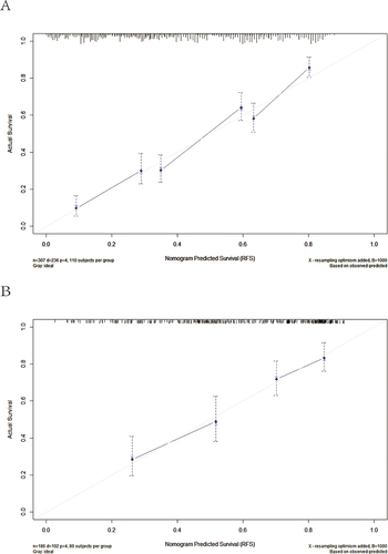 Figure 4 Calibration curves of the nomogram in the training and validation cohort. (A) training cohort; (B) validation cohort.