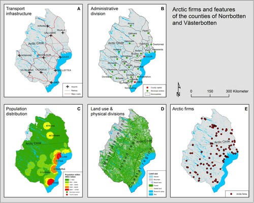 Figure 3. Features of the counties of Västerbotten and Norrbotten, including Arctic firm locations. Source: Retriever Business, Citation2020.