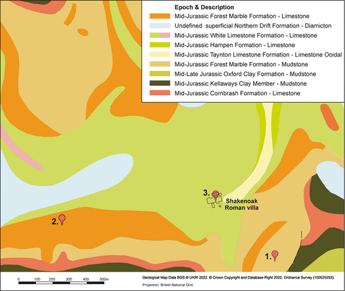 Figure 7. Geological map showing the sampling location of the analysed plants (produced by Kirsty Harding). See Table 2 for lithology descriptions (produced using geological information from Edina Digimap©).