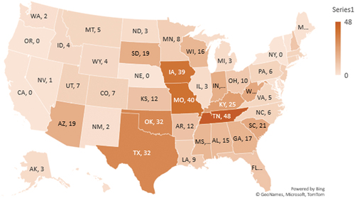 Figure 3. Number of state-level bills restricting rights of LGBTIQ+ people attempted, by state (2018–2022).