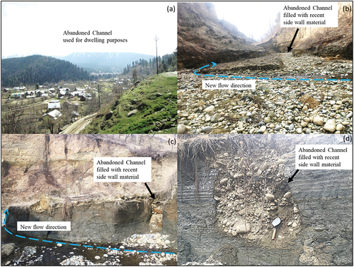 Figure 12. Shows abandoned river channels. (a) Abandoned river bed utilized for residential purposes, (b) Original channel filled with sidewall material and new river course cut across less resistant rocks, (c) Abandoned channel filled with boulders and new stream flowing direction and (d) shows a paleo-channel filled with river bed deposits.