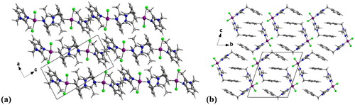 Figure 3. (a) View of the crystal structure of 1 in a projection along b axis showing alternating layers parallel to (101) plane. (b) Packing diagram of 2 viewed along the a axis.