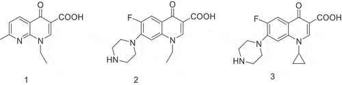 Figure 1. Structures of nalidixic acid, norfloxacine, and ciprofloxacin.