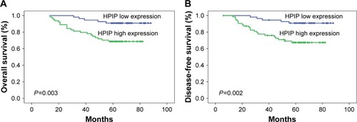 Figure 2 Kaplan–Meier curves for the survival of prognosis in 119 patients with cervical cancer according to the categories of low and high expressions of HPIP (analyzed with log-rank test).
