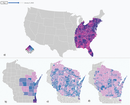 Figure 18. The animated bivariate map of Wisconsin at multiple levels on 5 January 2022. It included scales from a) the county levels with all other states, b) the county level with one state, c) the zip code level, and d) the census tract level.