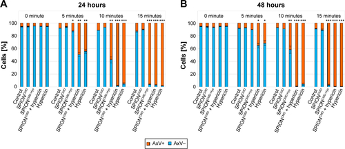 Figure S1 Cell death of Jurkat cells determined by AxV staining 24 hours (A) and 48 hours (B) after treatment with SPIONCMD, SPIONCMD-Hyp, and SPIONCMD + hypericin not linked to the particles as well as hypericin alone at a hypericin concentration of 0.2 µg/mL.Notes: AxV-negative cells were considered viable, AxV-positive cells were considered dying/dead. Without illumination all samples show no toxicity, whereas with increased exposure time (0, 5, 10, and 15 minutes) cell death can be observed. Figure shows the mean values of triplicates with standard deviations. The statistical significance of comparisons with the untreated control was investigated using Student’s t-test in Excel (Microsoft Corporation, Redmond, WA, USA) (*P<0.05, **P<0.005, and ***P<0.0005).Abbreviations: AxV, Annexin V; SPIONCMD, functionalized dextran-coated SPIONs; SPION, superparamagnetic iron oxide nanoparticle; SPIONCMD-Hyp, hypericin linked to SPIONCMD.