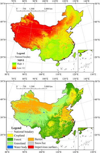 Figure 1. The study area of this study. The background maps display the 23-year average growing season reconstructed normalized difference vegetation index (NDVI) and the China land cover dataset (CLCD) in 2021 (Yang and Huang Citation2021). Note that the lower limit of the NDVI was set to 0.1 in the postprocessing steps.