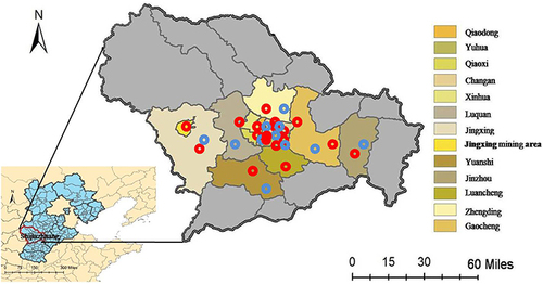 Figure 1 The geographical location of hospitals (red circles denote public hospitals) and air quality monitoring stations (blue circles denote air quality monitoring station) in Shijiazhuang.