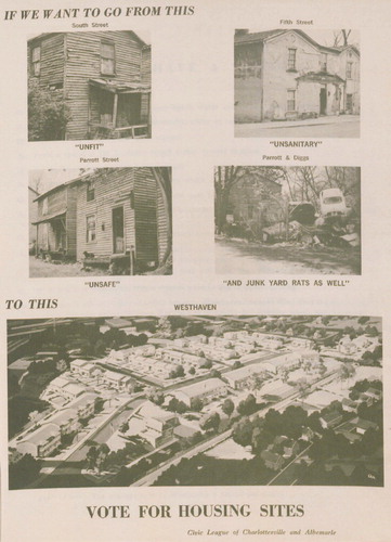 Figure 7. This advertisement evokes a lack of health and safety to call for clearance, and it juxtaposes those conditions with a rendering of proposed redevelopment, illustrated through an aerial view of white, materially vague structures. Citizens Slum Clearance and Housing Committee. (Uncopyrighted image.)