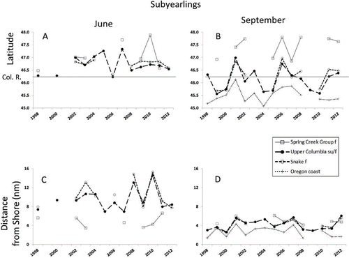 FIGURE 6. Annual weighted mean (A) latitude in June (°N), (B) latitude in September, (C) distance from shore (nautical miles [nm]; 1 nautical mile = 1.852 km) in June, and (D) distance from shore in September for subyearling Chinook Salmon of the four stocks that were most abundant in samples collected along the Washington and Oregon coasts (su = summer run; f = fall run). Sampling months with fewer than 10 fish for a given stock were excluded from this analysis; none of the stocks sampled in June 1999 or June 2001 met the minimum sample size criterion. The gray horizontal line indicates the latitude of the Columbia River mouth.