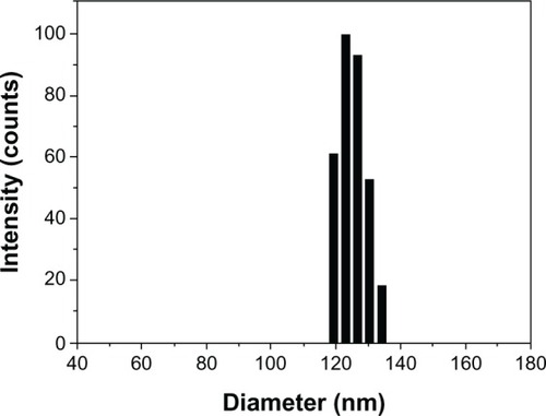 Figure 2 Size distribution of Tet-NPs detected by DLS.Abbreviations: Tet-NPs, tetrandrine-loaded poly(N-vinylpyrrolidone)-block-poly(ε-caprolactone) nanoparticles; DLS, dynamic light scattering.