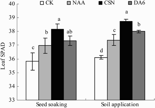 Figure 5. Leaf SPAD value of drip-irrigated rice as affected by three PGRs and two PGR application methods. Error bars represent SE (n = 3). Different letters within an application method indicate significant differences at p < .05 according to Duncan’s multiple range test. The PGR concentrations were 0.01 mg L−1 NAA, 5 mg L−1 CSN, and 0.5 mg L−1 DA-6 in the seed-soaking treatment and 0.1 mg L−1 NAA, 50 mg L−1 CSN, and 5 mg L−1 DA-6 in the soil application treatment; CK, fresh water.