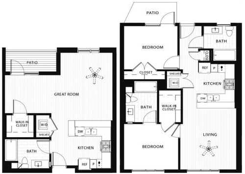 Figure 12. Floor plans for typical studio and two bedroomed apartments for a multi-family development (actual building shown in Figure 13, Santa Monica City, Source: Developer’s website: http://swaysantamonica.com/residences/floorplans, retrieved December 2018.