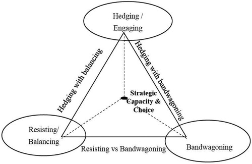 Figure 2. General framework on hedging strategy.Source: drawn by author.Note: Strategic capacity and choice is determined by interactions among hedging, resisting, balancing, cooperating, and bandwagoning on China’s BRI.