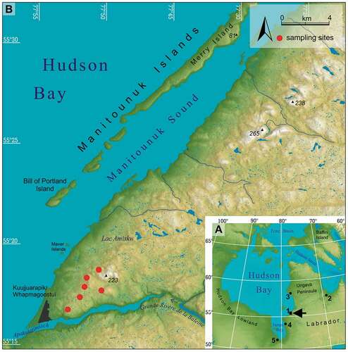 Figure 1. Location of the study area: (A) (1) the meteorological station in Kuujjuarapik (black square) and the other meteorological stations (black dots): (2) Kuujjuaq (Quebec), (3) Inukjuak (Quebec), (4) Fort George (Quebec), and (5) Moosonee (Ontario). (B) Detailed location of the sampling sites (red circles)